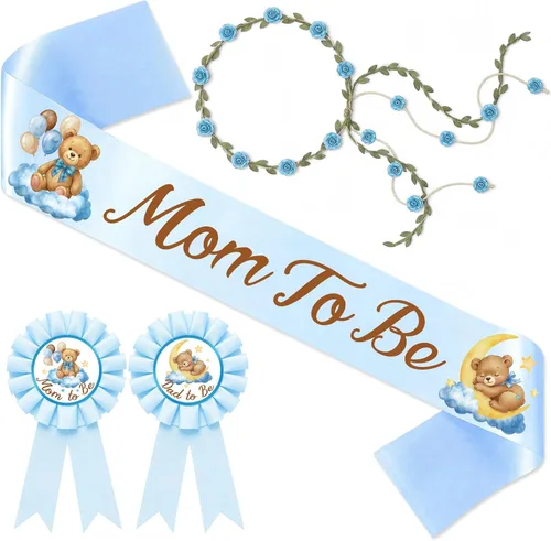 Vista 10 de Tiamon Banda temática de oso para baby shower, baby shower, diadema con corona de flores para revelaciones de género, fiesta de baby shower, Azul