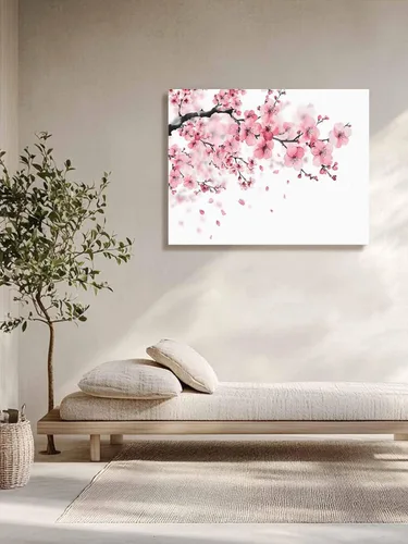 Vista 4 de T&H XHome Pintura al óleo de la lona de la decoración del arte de la pared del cuarto de baño, ilustración de la flor de cerezo rosa de la primavera
