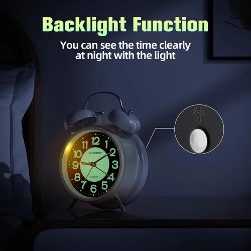 Vista 5 de CHEREEKI - Reloj despertador potente para personas que duermen profundamente, reloj analógico silencioso sin marcas con luz de fondo, esfera