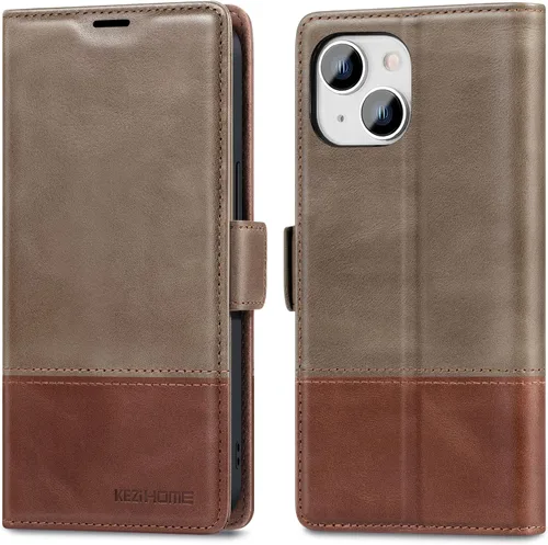 Vista 22 de KEZiHOME Funda para iPhone 15, de piel auténtica, bloqueo RFID, carcasa interior de TPU, cierre magnético, ranura para tarjetas, a prueba de golpes