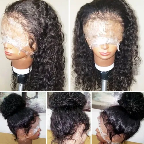 Vista 3 de Pelucas de pelo humano de encaje completo para las mujeres negras, cabello estilo mojado, ondulado, brasileño, virginal, Sin pegamento, con encaje