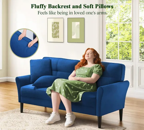 Vista 4 de Sofá biplaza de 69 pulgadas, sofás pequeños de terciopelo para espacios pequeños, sofás de dos plazas con 2 almohadas, sofás de dos plazas