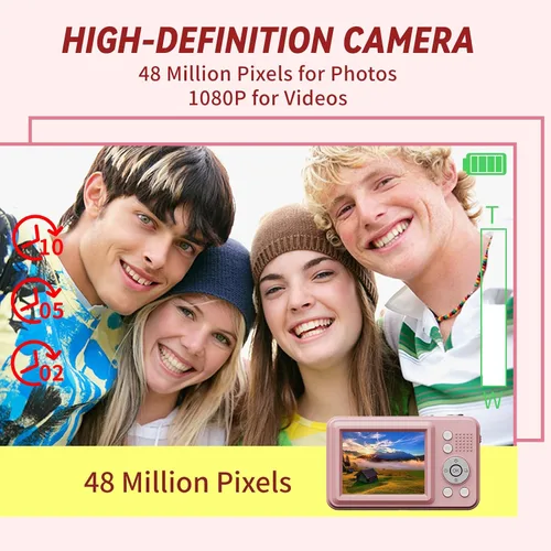 Vista 2 de Cámaras digitales FHD para niños y niñas, cámara digital compacta de apuntar y disparar con zoom de 16X, tarjeta de 32 GB, cámara para niños
