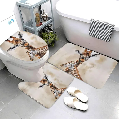 Vista 3 de Juego de alfombras de baño con estampado de jirafa, alfombra de baño suave y absorbente, lavable, antideslizante, alfombra de baño de felpa peluda