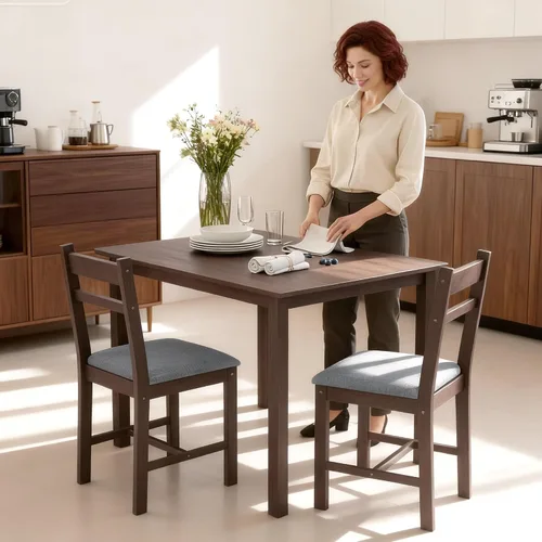 Vista 9 de HOMCOM Juego de mesa de comedor de madera maciza de 5 piezas para 4, nogal Nogal y gris