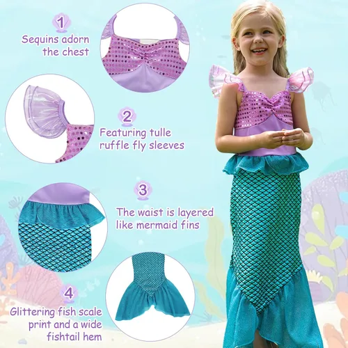 Vista 4 de Eledobby Ariel Dress for Girls Princess Costume Little Mermaid Dress Kids Halloween Outfits Birthday Party Clothes