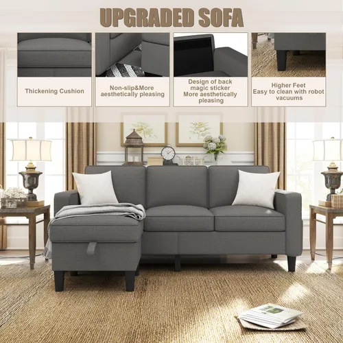 Vista 6 de ZeeFu Sofá para sala de estar – Sofá seccional en forma de L de lino beige de 78 pulgadas con otomana de almacenamiento – Moderno sofá tapizado