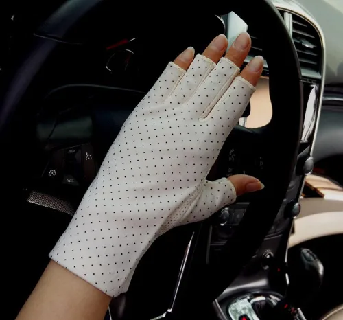Vista 3 de Guantes de protección solar para mujer, sin dedos, guantes de conducción de algodón ligero UV