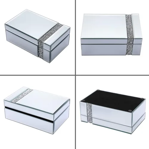 Vista 5 de Hipiwe Joyero de cristal con diamantes de imitación organizador de baratijas con espejo plateado caja decorativa de almacenamiento para mujeres