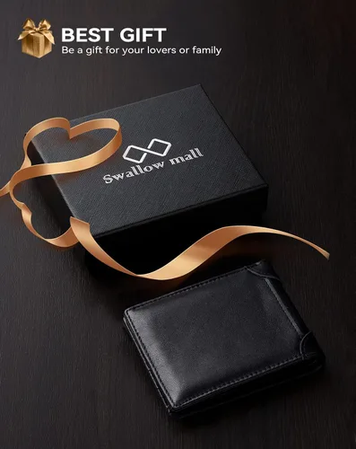 Vista 8 de Swallowmall Cartera para hombre RFID de cuero genuino delgado plegable carteras para hombre extraíble ID Windows 11 tarjeteros caja de regalo, Negro