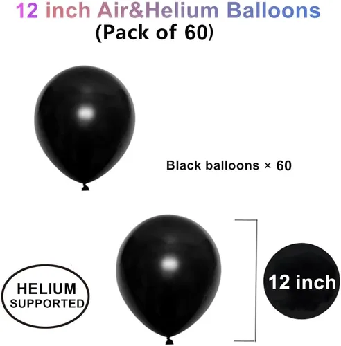 Vista 2 de Globos de látex negro de 12 pulgadas, 60 globos gruesos para decoraciones de fiestas (12 pulgadas negro)