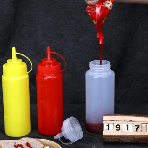 Vista 4 de Botella de plástico transparente para apretar, paquete de 3 recipientes de boca ancha a prueba de fugas, dispensador de condimentos, salsa de tomate