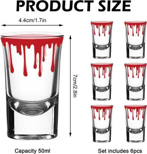 Vista 2 de Whaline Paquete de 6 vasos de chupito de Halloween salpicados de sangre de 1.7 onzas, vasos de chupito de vidrio sangriento de terror para fiesta