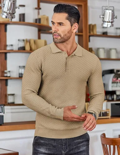 Vista 2 de COOFANDY Polo de punto para hombre, de manga larga, ligero, a la moda, informal, con cuello