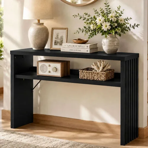Vista 12 de BON AUGURE Mesa consola de madera para entrada, mesa de entrada de 47 pulgadas con almacenamiento, mesas de sofá estrechas con cajones, modernas