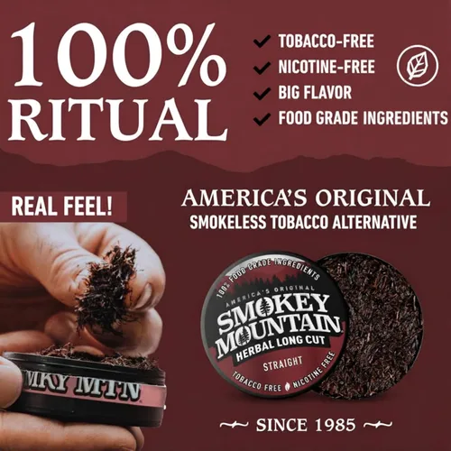 Vista 3 de Smoky Mountain Herbal Long Cut – Recto – Caja de 10 latas - Rapé sin tabaco y sin nicotina