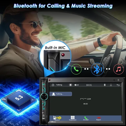 Vista 3 de Sistema multimedia CarPlay de doble DIN: Receptor estéreo de coche con pantalla táctil de 7 pulgadas - Bluetooth Android Auto Radio para automóvil