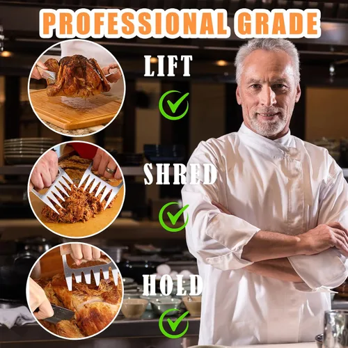 Vista 2 de Garras trituradoras de carne de acero inoxidable Cerdo desmenuzado, pollo desmenuzado, accesorios para ahumar barbacoa, regalos para hombres