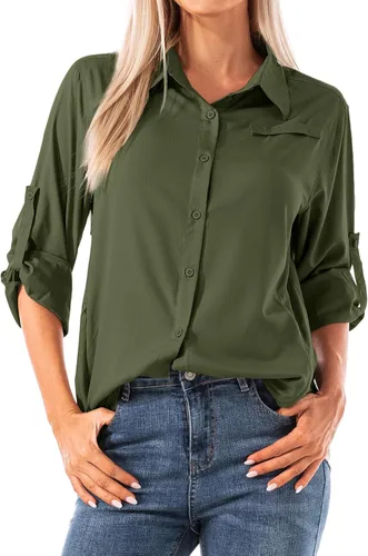 Vista 8 de Camisas de manga larga para mujer secado rápido protección UV convertibles para senderismo campamento pesca navegación
