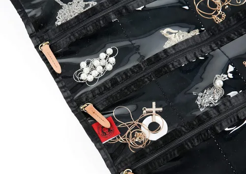 Vista 6 de Angelina's Palace Tenby Jewelry - Organizador de doble cara para colgar en el armario, rollo de almacenamiento de joyas, 24 barras de anillos