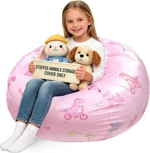 Vista 48 de Lukeight - Puf de almacenamiento de animales de peluche para niños, funda para puf de dinosaurio con cremallera para organizar la habitación