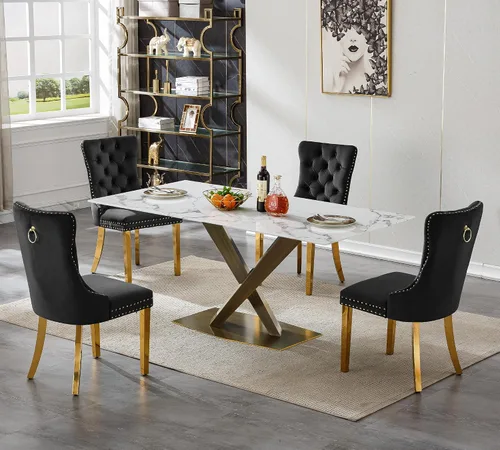 Vista 57 de Juego de 5 mesas de comedor, juego de mesa de cocina y comedor para 4, mesa de cocina rectangular de mármol sintético blanco de 47 pulgadas con base