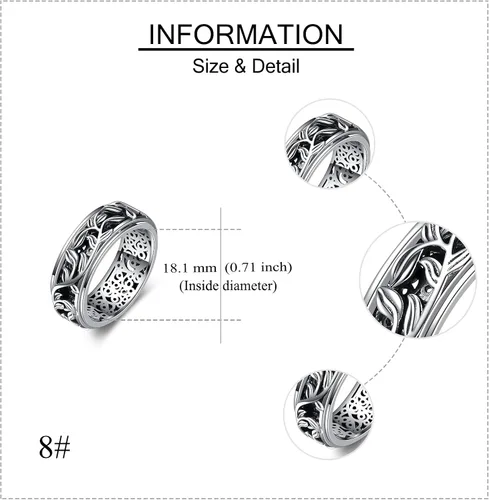Vista 4 de YAFEINI Fidget Ring Sterling Silver Anxiety Ring Filigree LeavesHeartbeat Anxiety Ring semicolon Spinner Band Ring Spinner Ring Relieving Stress