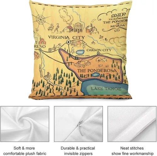 Vista 4 de Funda de almohada con diseño de mapa de la ponderosa de Bonanza, acogedora funda de almohada cuadrada, decoración del hogar para cama, sofá, sala