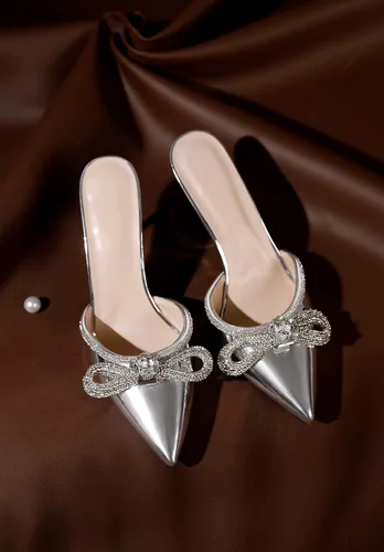 Vista 5 de Zamikoo Sandalias tipo mule para mujer, sandalias de tacón alto con lazo, tacones brillantes con diamantes de imitación para el verano, 3.5 pulgadas