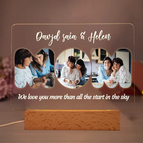 Vista 22 de Placa de acrílico con foto personalizada, regalos para aniversario, San Valentín, cumpleaños, luz nocturna LED personalizable, base de madera
