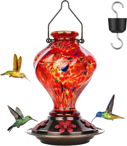 Vista 12 de BOLITE - Alimentador de colibríes, de vidrio soplado a mano, para colgar en exteriores, con trampa para hormigas y 5 puertos de alimentación, 22