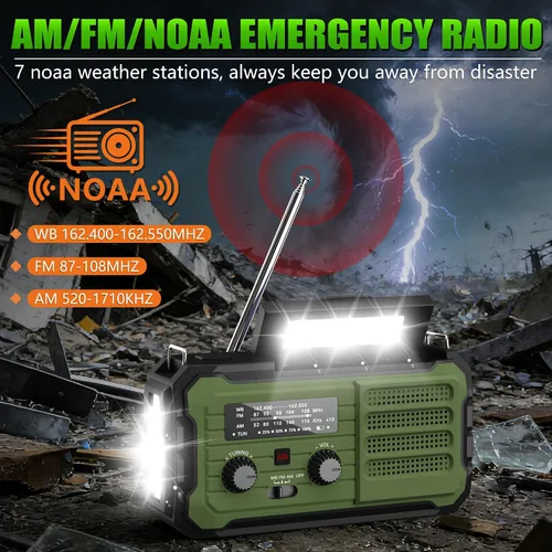 Vista 2 de Radio de emergencia con manivela solar, 10000 mAh/37000 mWh, radio meteorológica de emergencia, radios solares de manivela con NOAA/AM/FM, linterna