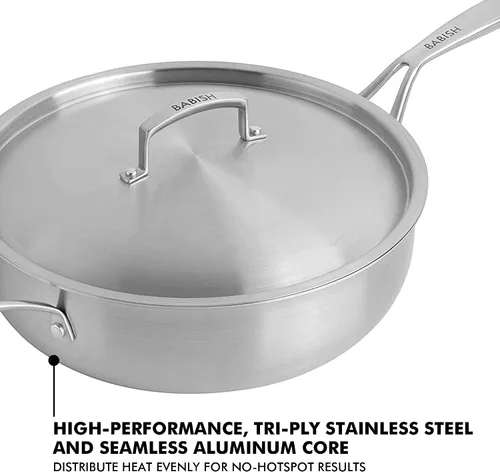 Vista 4 de Babish - Sartén de acero inoxidable de tres capas de 5 cuartos con tapa – Sartén para saltear de grado profesional para freír, sellar y comidas