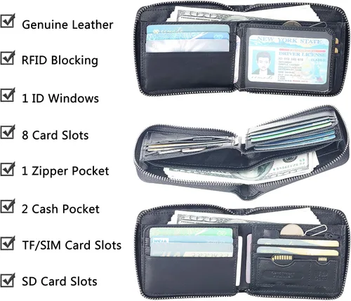 Vista 3 de ee Cartera de cuero con cremallera para hombre, con bloqueo RFID, con cremallera alrededor de la cartera, plegable, con múltiples tarjeteros, Negro