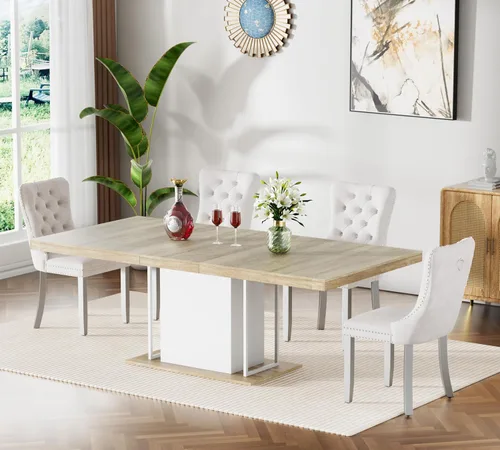 Vista 29 de Mesa de comedor extensible de 78.74 pulgadas para 6 8 y 10 pulgadas, moderna mesa de comedor extensible de granja con base de doble pedestal, mesa