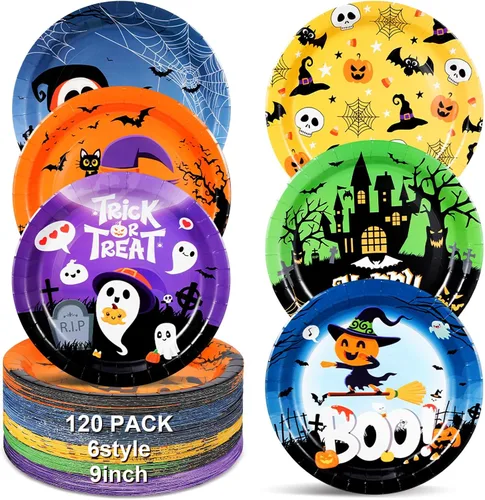 Vista 7 de Uiifan 120 platos redondos de papel de Halloween, fantasmas, calabaza, calavera, araña, diseño de telaraña, para suministros de decoración de fiesta