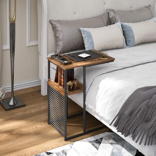 Vista 6 de Cubiker Mesa auxiliar para sofá, mesa auxiliar con estante de madera, mesa de sofá en forma de C para sala de estar, dormitorio, mesita de noche