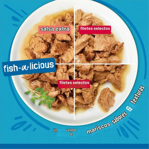 Vista 3 de Purina Friskies - Paquete variado de comida húmeda para gatos Fish-A-Licious con salsa extra, filetes prime y tesoros sabrosos - (Paquete de 32)