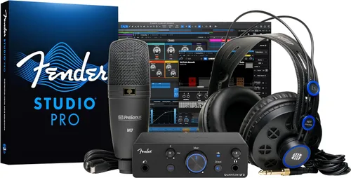 Vista 11 de Paquete completo de grabación Fender Quantum con interfaz USB Quantum LT2, micrófono, altavoces, auriculares y software de grabación. Paquete todo