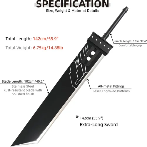 Vista 2 de Sword Valley Buster Sword, Cuchillo de Acero Cloud Strife, Espada Ancha de Acero - Espada Decorativa Estilo Fantasía - 142cm/55.91", Espada de Anime