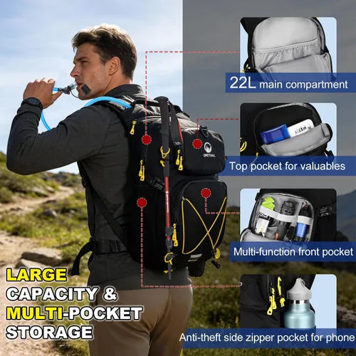 Vista 2 de Mochila de hidratación de 22 litros, mochila de senderismo con vejiga a prueba de fugas de 2 litros, ideal para hombres y mujeres, correr, ciclismo