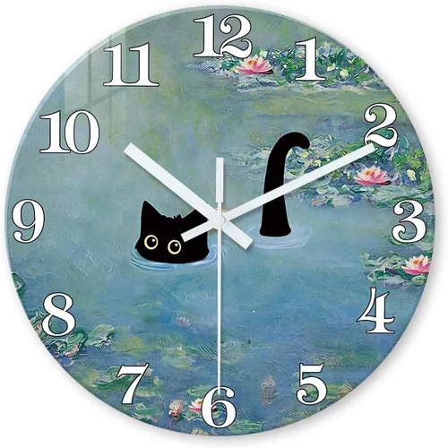 Vista 10 de XNM Reloj de Pared Analógico de Vidrio Operado por Batería 12 Pulgadas Redondo de Cuarzo Reloj de Gato Negro para Cocina Reloj de Pared Silencioso
