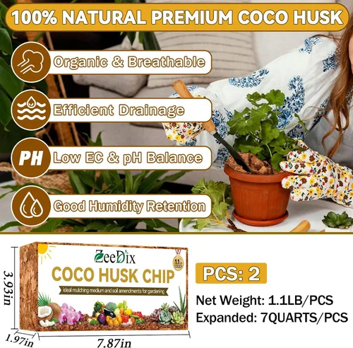 Vista 2 de Zeedix Paquete de 2 chips de cáscara de coco para plantas, mantillo de chips de coco 100% orgánico con bajo equilibrio de EC y PH, multiuso