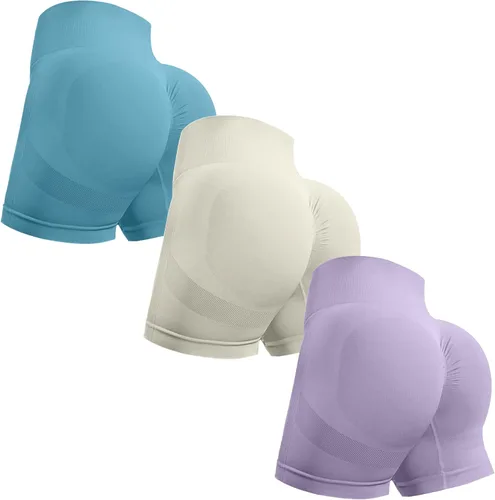 Vista 13 de Ovesport 3 piezas de pantalones cortos de entrenamiento para mujer, sin costuras, con levantamiento de glúteos, cintura alta, para yoga, gimnasio