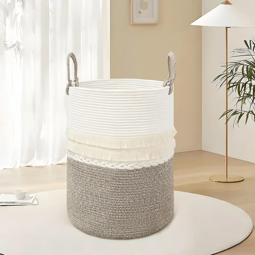 Vista 9 de Cesta grande de 79 L para ropa sucia, cesta tejida de algodón con asas, cesta de almacenamiento para ropa sucia en el baño, cesta decorativa