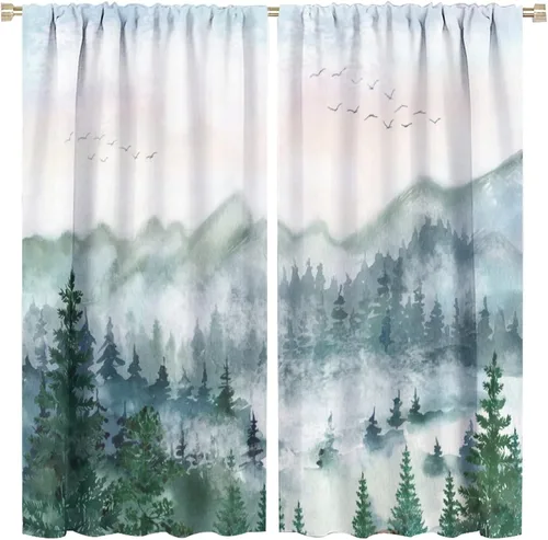 Vista 22 de BAEKJIN Cortinas verdes de bosque brumoso, acuarela, naturaleza, paisaje, plantas, árbol, bolsillo para barra, opacas, tratamiento de ventana