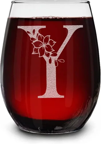 Vista 28 de Copa de vino sin tallo, con monograma floral, grabada con láser, 15 onzas, regalo inicial personalizado para ella (B)