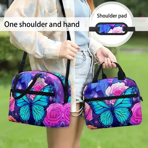 Vista 4 de Showudesigns Bolsas de almuerzo de flores de mariposa para mujer, lonchera aislada, bolsa de almuerzo reutilizable con correa ajustable
