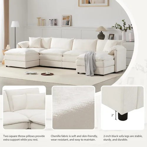 Vista 14 de Moderno sofá modular en forma de U con almohadas para la cintura, sofá cama con diván, sofá tapizado simétrico de felpilla de 6 asientos para sala