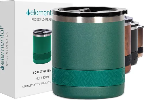 Vista 18 de Elemental Recess Vaso bajo de 10 oz, taza de acero inoxidable de triple pared con tapa de Tritan no fracturable, vaso de whisky aislado, taza
